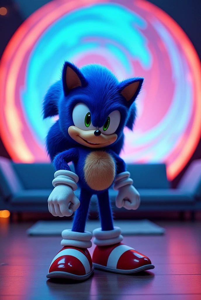 Sonic the hedgehog , solo, looking at viewer, smile, 1boy, standing, full body, sitting on chair, looking at viewer