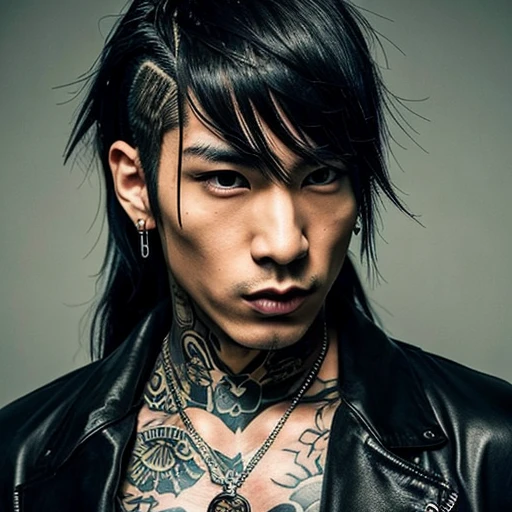 1 man, Japanese man, male, Asian eyes, muscular, broad shoulders, yakuza tattoos, hairstyle Visual Kei style, hair Visual Kei, black men's shirt and black pants, ultra detailed face, hyperrealistic, realistic representation, long hair, long hair, 30 years old, age 30 years, blonde hair, full body view