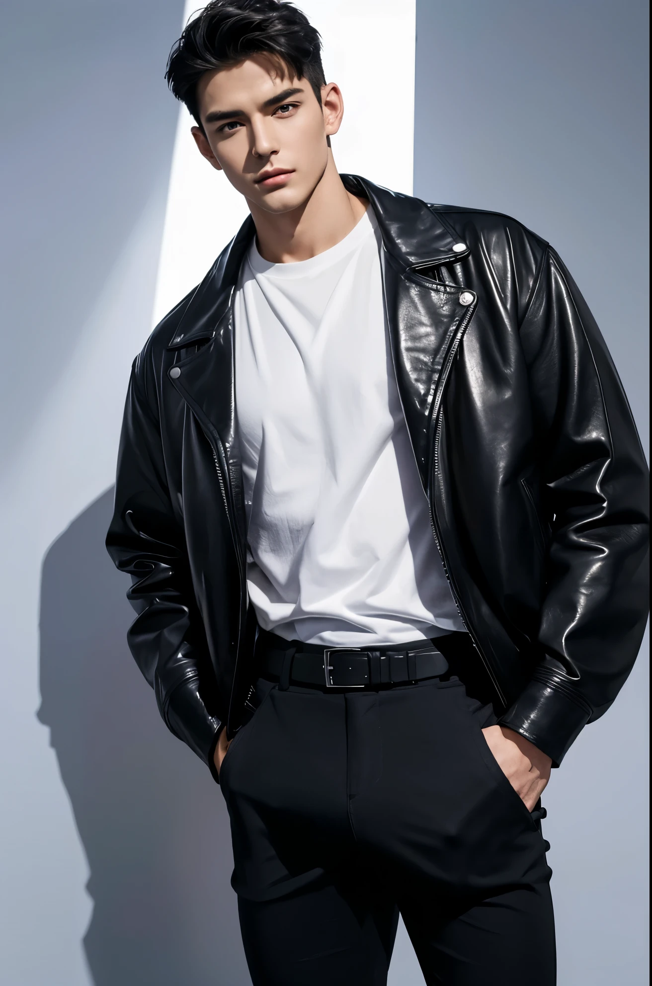 4k, high resolution, best quality, masterpiece, perfect color, perfect shade, perfect lighting, Posted by e621, ((handsome man)), perfect male figure, Short hair details,Detailed face, perfect face, (stood up), Detailed background, ((Bonifasco Lighting)),black hair, wearing black leather jacket, black pants, black leather belt, white shirt,