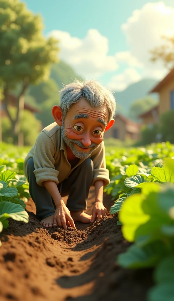 Uncle Tu is an elderly man, Lean with gray hair and tanned skin. He usually wears simple clothes like old shirts, Long pants and flip-flops. Weeding the vegetable garden
3D animation
