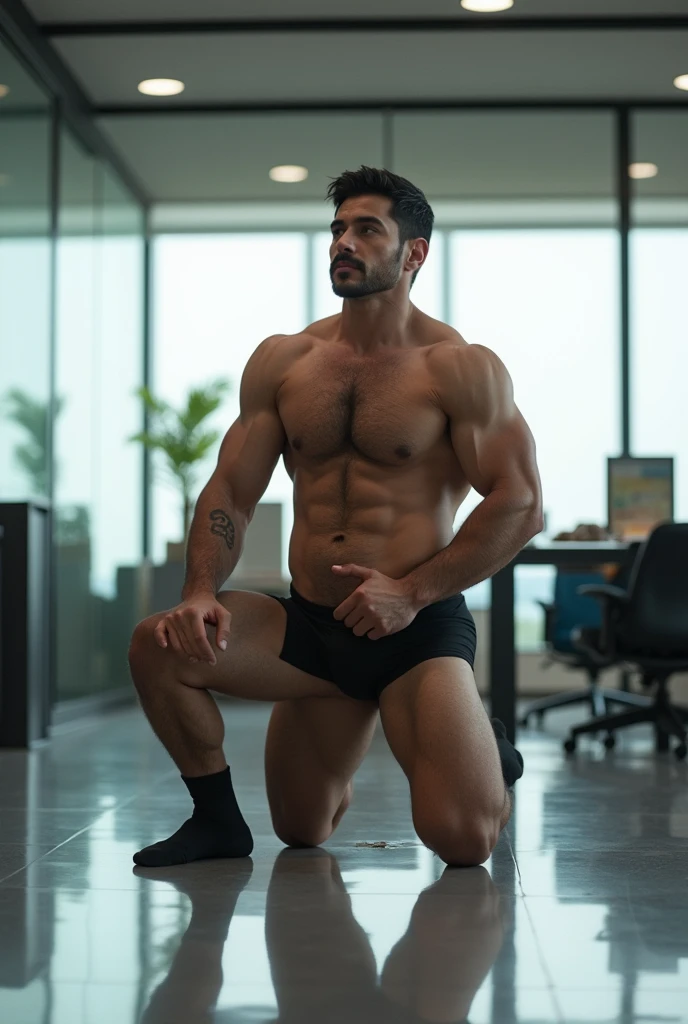 40 years old，Hidetoshi Nakata，（Kogoro Mori 1.3），whole body，Lean，muscle，office，Kneeling，black，foot，black袜子，transparent，Thick body hair，underwear，Topless，Densely hairy，Fortitude，HD，With a mustache