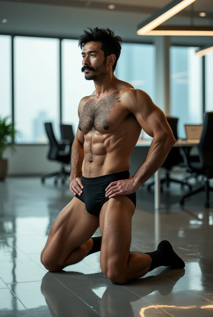 40 years old，Hidetoshi Nakata，（Kogoro Mori 1.3），whole body，Lean，muscle，office，Kneeling，black，foot，black袜子，transparent，Thick body hair，underwear，Topless，Densely hairy，Fortitude，HD，With a mustache