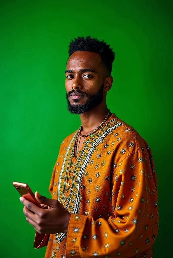 A Somali man with green background on iphone on his hand