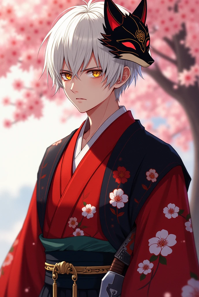 Male with white, short hair、Eyes are yellow、She is wearing a kimono.
She is wearing a fox mask on the right side of her head.、The kimono pattern is camellia。
Youth、The kimono is red and black。
The eyebrows are white.。I'm carrying a knife.
I'm handsome.。
I'd like the fox mask on my head, please.
Just a little more.、A mature look with a samurai kimono