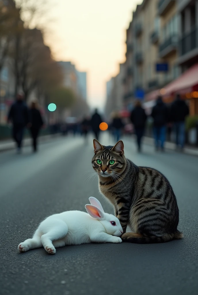 Make a gray cat with green eyes and a white rabbit with green eyes. The rabbit was hit by a car.