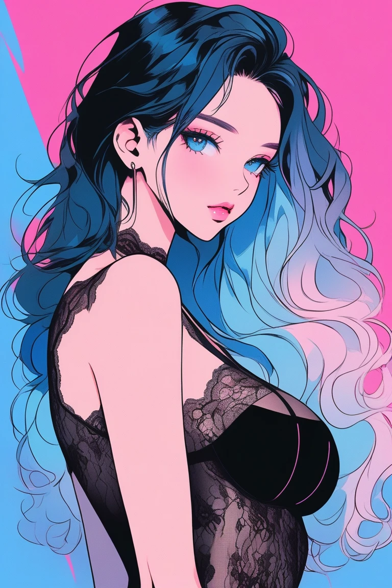Illustrator, anime , Realistic ,sketch , 1 person, model, Age 25, lip, Black lingerie with a sheer look, featuring abundant lace., order, Blue and pink gradient background, Neon Hair, Big Breasts, look back, Upper Body, Sexy look, Texture Trim, Russian, (masterpiece,Highest quality)