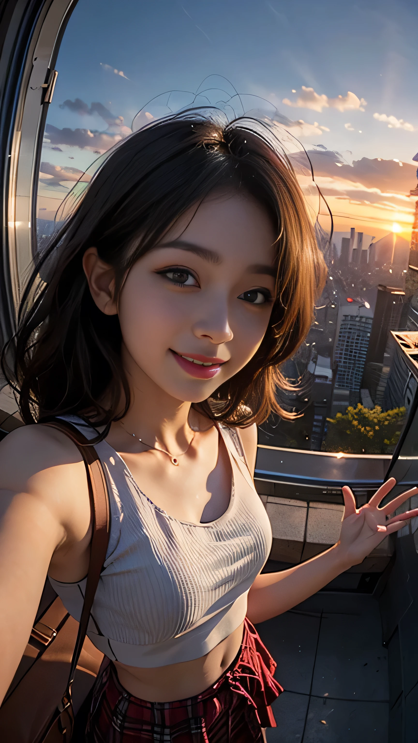 One girl, Korean, Fisheye Lens, Selfie, Wind, Messy Hair, sunset, Cityscape, (Aesthetics and atmosphere:1.2),smile