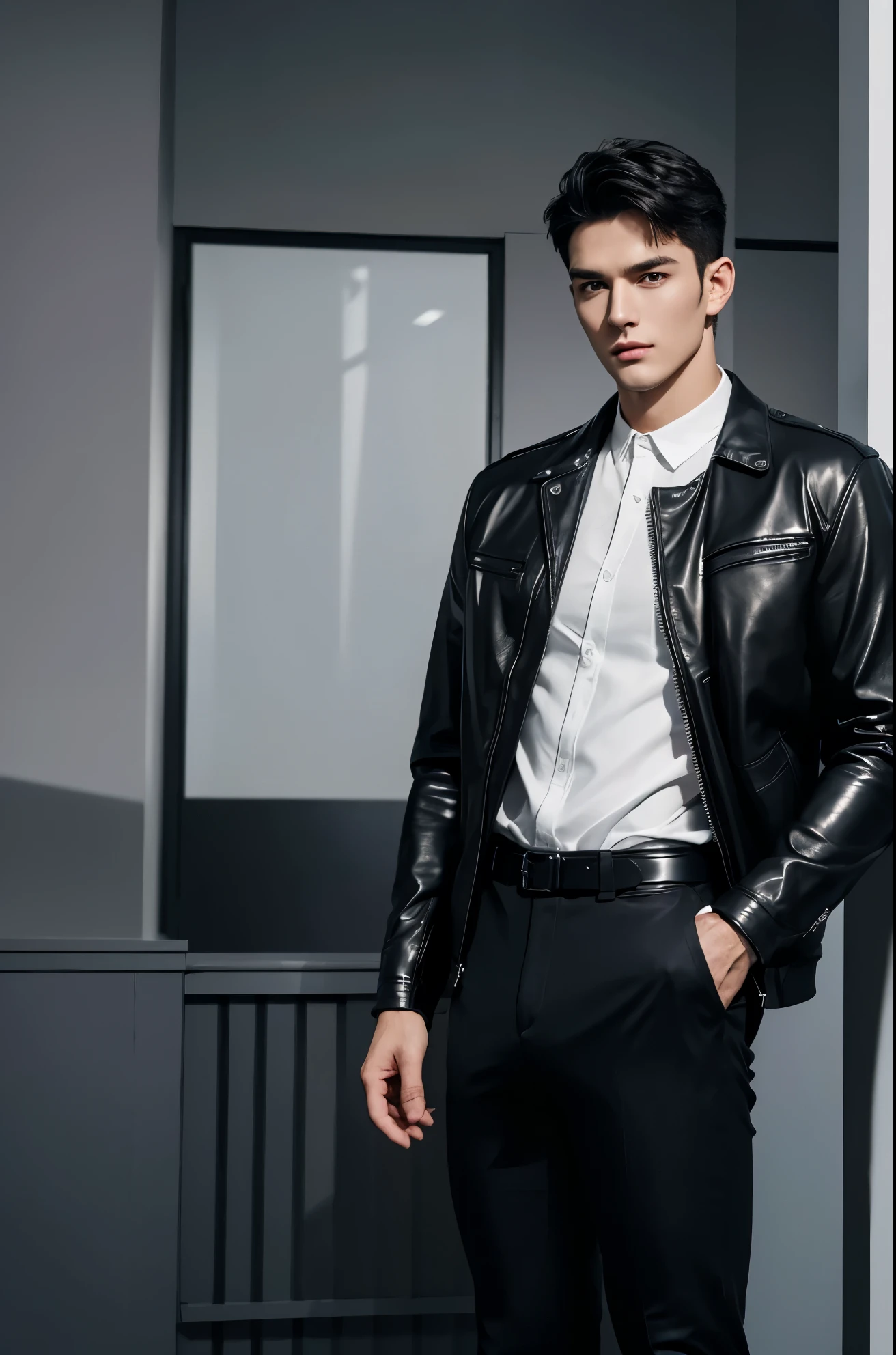 4k, high resolution, best quality, masterpiece, perfect color, perfect shade, perfect lighting, Posted by e621, ((handsome man)), perfect male figure, Short hair details,Detailed face, perfect face, (stood up), Detailed background, ((Bonifasco Lighting)),black hair, wearing black leather jacket, black pants, black leather belt, white shirt,