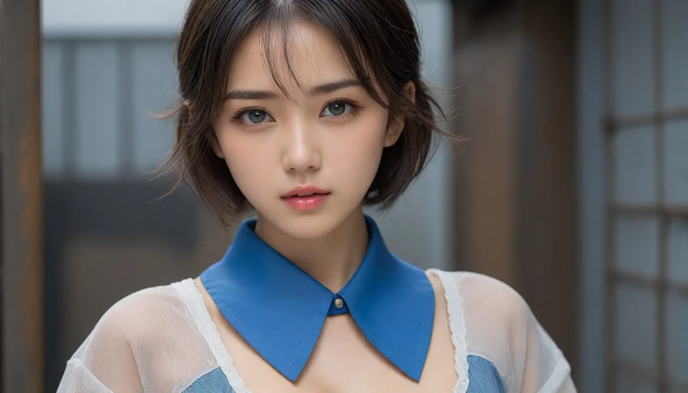 8k, Ultra-high resolution, Highest quality, masterpiece, 三分割法によるphotograph,Surreal, photograph, 1 , (:1.3), cute, cute顔, 細部までBeautiful Eyes, 細かくdetailedに,masterpiece,One Girl:1.2,Japanese women,Young Wife,cowboy shot,glaring,Black short hair,messy hair,(Dirty work clothes:1.3),Staring through the wire mesh,Blue Collar,Factory wall,heavy rain,(Beautiful attention to detail),Subtle details, detailedな顔,anger,Attractive eyes,(ポートレートphotograph:1.4),(Photorealistic images:1.4),Fantasy art,(Beautiful Face:1.4),美しくAttractive eyes、Beautiful Eyes、Grayscale 16Bits,(Tight waist:1.4)、(Beautiful with perfect body proportions:1.4),Pink Lips,Looking at the audience,(((Ideal body type))),A-cup small breasts :2,、Portraiture:2、Perfect Anatomy、鮮明なdetailed、detailed,Fashion magazine cover,Thin lips,完璧でBeautiful Face ,完璧でcute顔, Skin with attention to detail, Perfect limbs、Narrow waist,Surreal,Light and shadow,backlighting