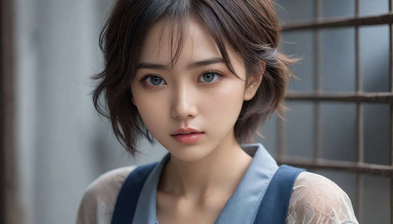 8k, Ultra-high resolution, Highest quality, masterpiece, 三分割法によるphotograph,Surreal, photograph, 1 , (:1.3), cute, cute顔, 細部までBeautiful Eyes, 細かくdetailedに,masterpiece,One Girl:1.2,Japanese women,Young Wife,cowboy shot,glaring,Black short hair,messy hair,(Dirty work clothes:1.3),Staring through the wire mesh,Blue Collar,Factory wall,heavy rain,(Beautiful attention to detail),Subtle details, detailedな顔,anger,Attractive eyes,(ポートレートphotograph:1.4),(Photorealistic images:1.4),Fantasy art,(Beautiful Face:1.4),美しくAttractive eyes、Beautiful Eyes、Grayscale 16Bits,(Tight waist:1.4)、(Beautiful with perfect body proportions:1.4),Pink Lips,Looking at the audience,(((Ideal body type))),A-cup small breasts :2,、Portraiture:2、Perfect Anatomy、鮮明なdetailed、detailed,Fashion magazine cover,Thin lips,完璧でBeautiful Face ,完璧でcute顔, Skin with attention to detail, Perfect limbs、Narrow waist,Surreal,Light and shadow,backlighting