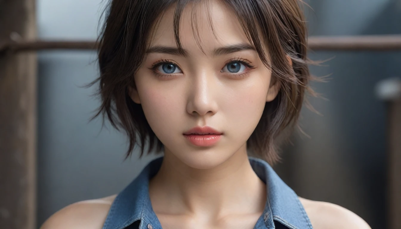 8k, Ultra-high resolution, Highest quality, masterpiece, 三分割法によるphotograph,Surreal, photograph, 1 , (:1.3), cute, cute顔, 細部までBeautiful Eyes, 細かくdetailedに,masterpiece,One Girl:1.2,Japanese women,Young Wife,cowboy shot,glaring,Black short hair,messy hair,(Dirty work clothes:1.3),Staring through the wire mesh,Blue Collar,Factory wall,heavy rain,(Beautiful attention to detail),Subtle details, detailedな顔,anger,Attractive eyes,(ポートレートphotograph:1.4),(Photorealistic images:1.4),Fantasy art,(Beautiful Face:1.4),美しくAttractive eyes、Beautiful Eyes、Grayscale 16Bits,(Tight waist:1.4)、(Beautiful with perfect body proportions:1.4),Pink Lips,Looking at the audience,(((Ideal body type))),A-cup small breasts :2,、Portraiture:2、Perfect Anatomy、鮮明なdetailed、detailed,Fashion magazine cover,Thin lips,完璧でBeautiful Face ,完璧でcute顔, Skin with attention to detail, Perfect limbs、Narrow waist,Surreal,Light and shadow,backlighting