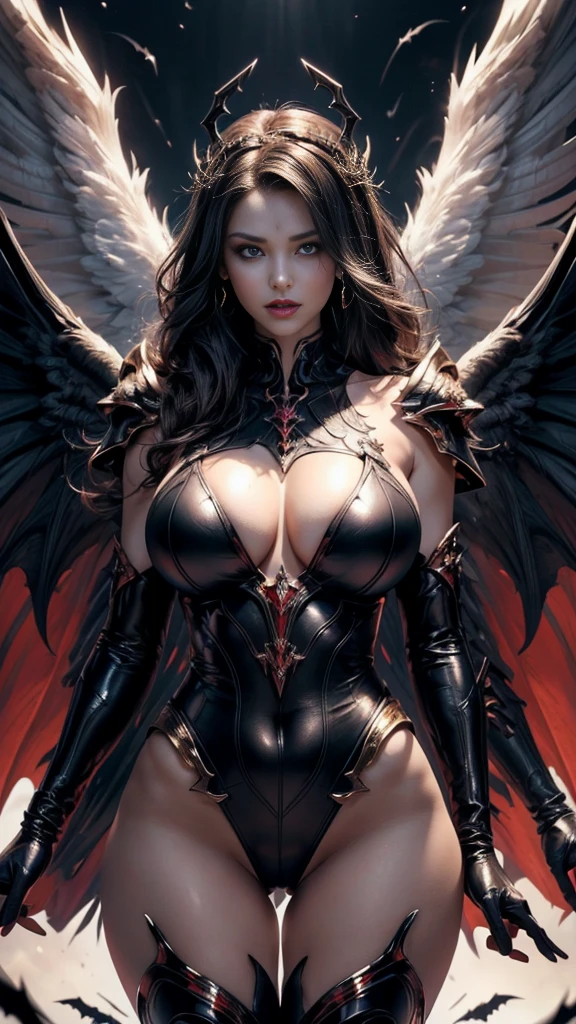 20 year old woman, shiny black, straight, Two meters long, big breastโตฟูอวบอิ่ม, Eye-Catching Pose, ((Perfect dynamic composition:1.7)), Highly detailed skin and face:1.3, Details of the limbs, Wings on the shoulders, both angelic and demonic, (Clearly separated, Angel wings and devil wings, White wings and black wings), (Realistic picture, highest resolution), The beautiful face with a calm and elegant expression, Completely gone, (A demon god with wide wings and enormous power on his shoulders., black bat wings:1.2, white angel wings:1.5), (สาวสวยผมTwo meters long, Shiny black hair, Smooth white skin, Lips are very red.), ((stand, finished)), (big breasts, big breast), (gigantic breast, breast augmentation, Breast 400 cc., small waist, hips raised, small thighs, Long legs), (dynamic poses), (Armor that slightly covers the body), Separate theme, (Angel wings and devil wings), floating in the air above the ground, background darkness, Embraced with twelve wings, He with a crown-like radiance, Those who have light, Wearing little armor, Energy comes out of the body., sparkling wings, White light, black light, Amazing wings, beautiful posture, 8K resolution, Resolution 4000 x 2250 pixels, beautiful posture, Angel wings and devil wings, (Realistic picture, highest resolution), Angel wings and devil wings, White wings and black wings, Angel wings and bat wings, Angel wings and devil wings, White wings and black wings, (เน้นที่big breastsโต, big breastโต), (gigantic breast, small waist, hips raised, small thighs, Long legs), (dynamic poses), (A form-fitting dress in black and red with beautiful patterns, Decorated with gold embroidery, Show off your body to the fullest), Tight-fitting outfit, Short film set that reveals the body, (Angelic and demonic wings separated on the back shoulders), Very full and plump breasts, Breasts that overflow and push against the fabric of the dress, see full body, See every part of the body, full body image, From head to toe