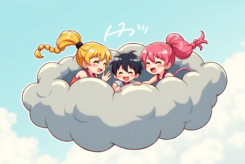 An anime-style illustration depicting two girls and one boy playfully wrestling with each other inside a light gray comical fight cloud.
each girl has different colored hair: one with blonde braided,another with pink ponytaile,and one boy with black short hair.
their faces,hands,and feet are visible emerging from the cloud as they tussle humorously, with the rest of their bodies completely hidden inside the cloud.
the illustration emphasizes the humorous and energetic nature of their scuffle,with a fluffy andexaggerated fight cloud.