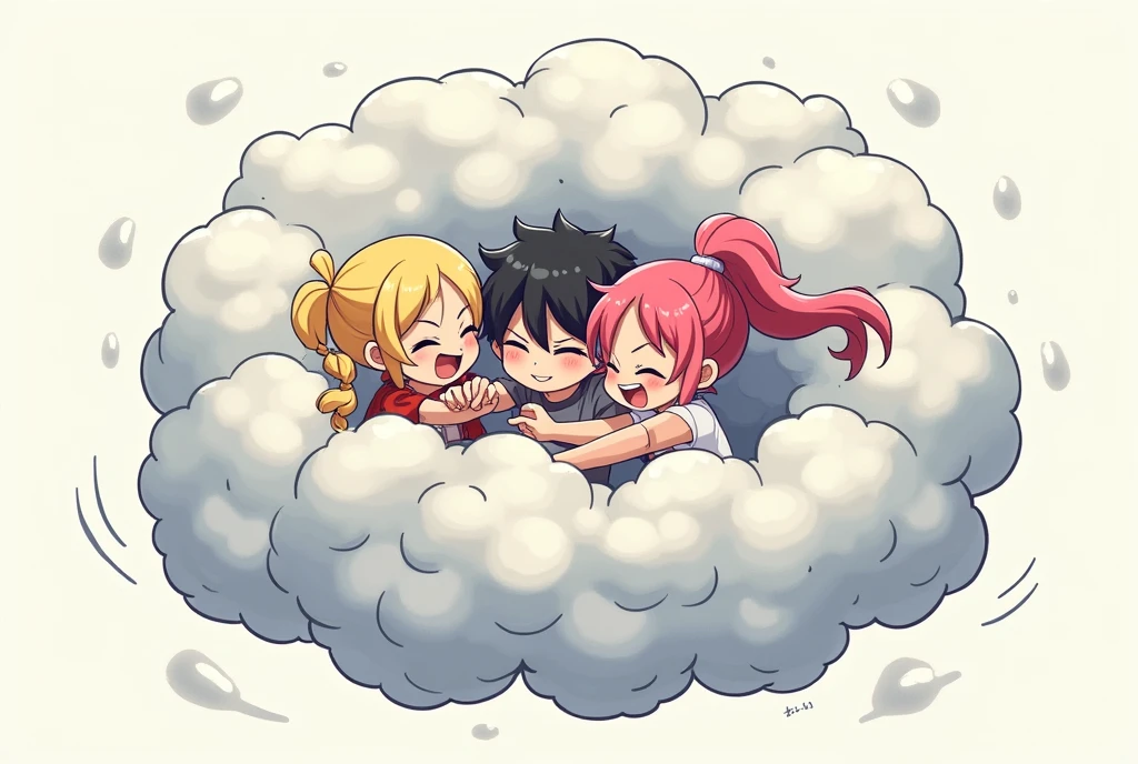 An anime-style illustration depicting two girls and  one boy playfully wrestling with each other inside a light gray comical fight cloud.
each girl has different  colored hair: one with blonde braided,another  with pink ponytaile,and one boy with black short hair.
their faces,hands,and feet are visible emerging from the cloud as they tussle humorously,  with the rest of their bodies completely hidden inside the cloud.
the illustration emphasizes the humorous and energetic nature of their scuffle,with a fluffy  andexaggerated fight cloud.