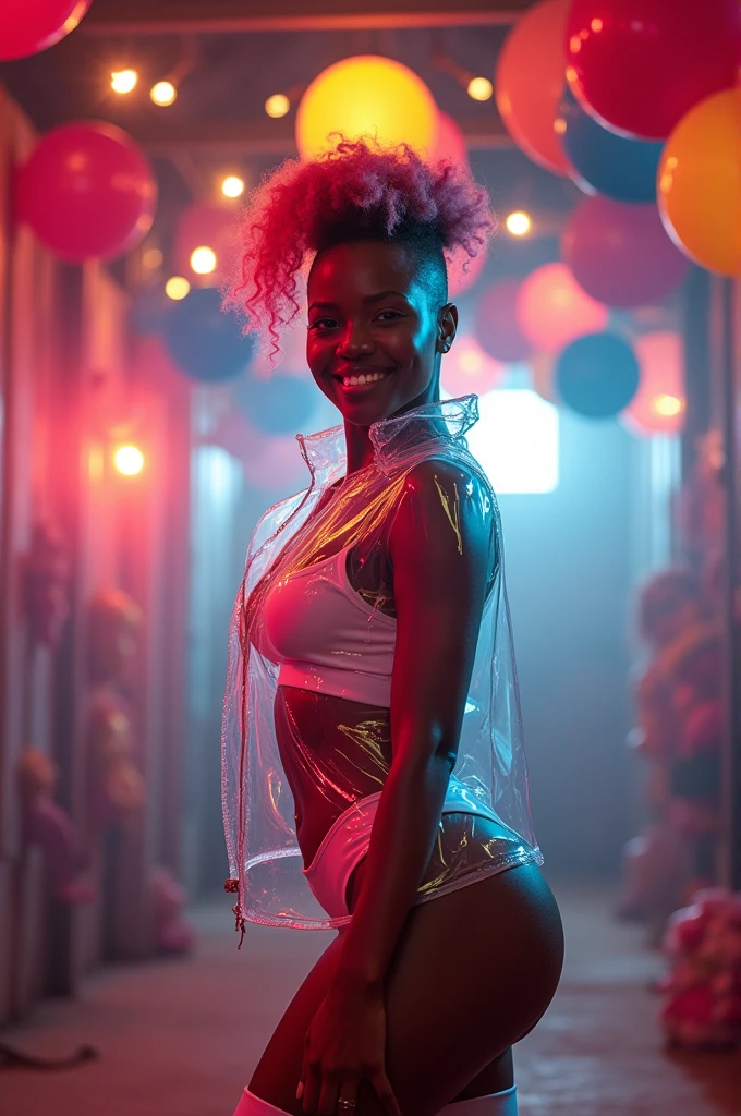 HUGE ASS, HUGE BOOTY, HUGE ASS, HUGE BOOTY, wide trapezoidal hips, #HyperAss #BottomHeavy #WideHips #HugeAss , objective: a six pack Woman with large trapezoidal chubby wide HIPS massive wide BUTTOCKS, dark melanin skin, UHD, immaculate neon (twenty foot long) Mohawk hair fade, DSLR, happy expression, brightly lit face, stunning 8K, dynamic pose, physique: (A (bottom-heavy, superior) body part, exaggerated curves), narrow triangular waist, location: well lit metallic barn interior (huge balloon carnival), translucent short sports coat + paired with long white leg warmers, no nsfw 