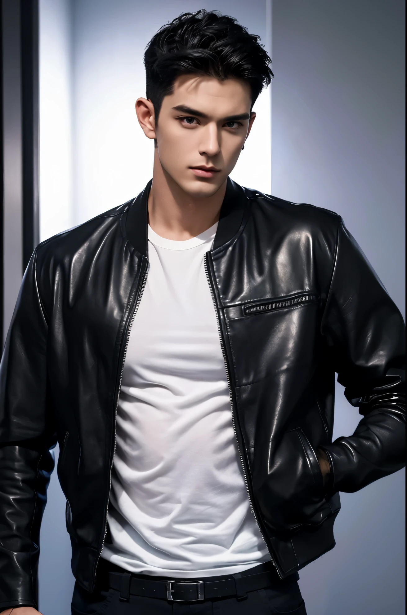 4k, high resolution, best quality, masterpiece, perfect color, perfect shade, perfect lighting, Posted by e621, ((handsome man)), perfect male figure, Short hair details，Detailed face, perfect face, (stood up), Detailed background, ((Bonifasco Lighting)),black hair, wearing black leather jacket, black pants, black leather belt, white shirt,