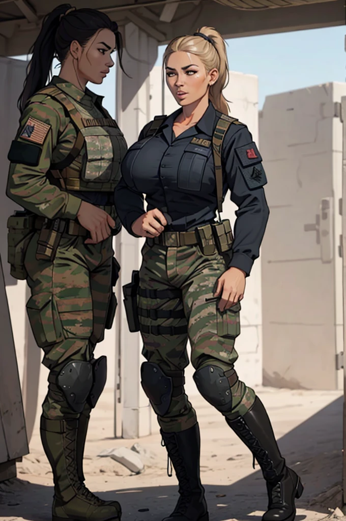 female soldier standing at attention pose waiting for orders, war photography, with embarassed expression, (cinematic lighting:1.1), highest quality, photo of (fully dressed really tanned 20yo sexy muscular female army special forces with taut clothing military top, ponytail hair), too tight military shirt, medium_boltedontits, perfectly round breasts, breast implants, unaligned breasts, perfect face, parted lips, (wearing military Combat uniform, battlepack, boots:1.2), athletic body, on the battlefield, fake tits, bootsnutes