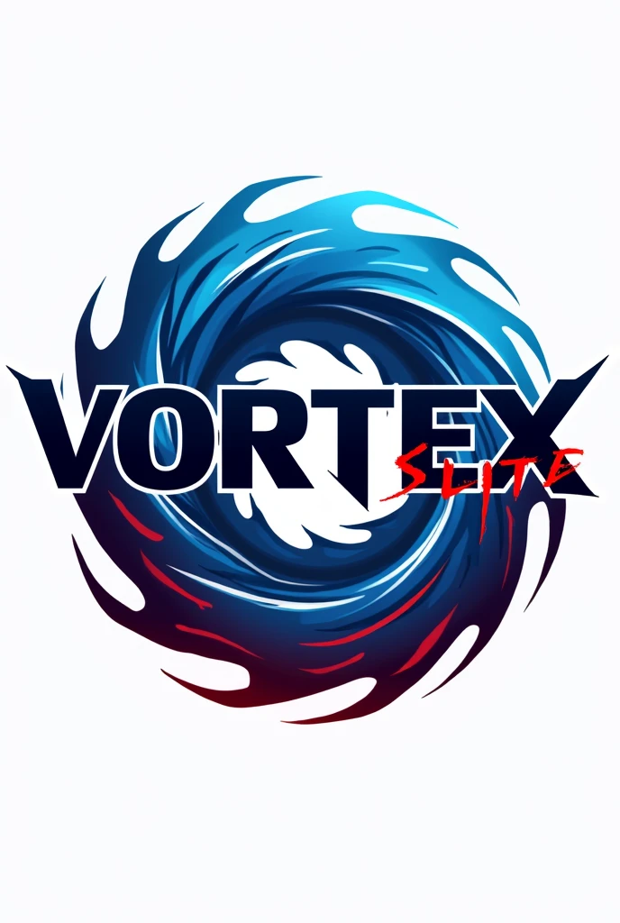 Logo esports vortex elite "vortex" means vortex or spiral, which can be depicted with rotating or flowing design elements, like a spiral that encircles the text. This gives the impression of dynamics and energy..Temporary "elite" indicating something superior or of high quality. This can be shown by using elegant and modern fonts., and contrasting colors to highlight the quality of professionalism.So, untuk logo vortex elite:"vortex" will be represented by a spiral or vortex element that surrounds or complements the text.."elite" will be shown with bold and elegant text, using modern fonts and blue color for a professional impression.The combination of blue and red will add an energetic and dynamic impression., with blue text and red swirl accents. This logo remains in PNG format without background for flexibility of use..