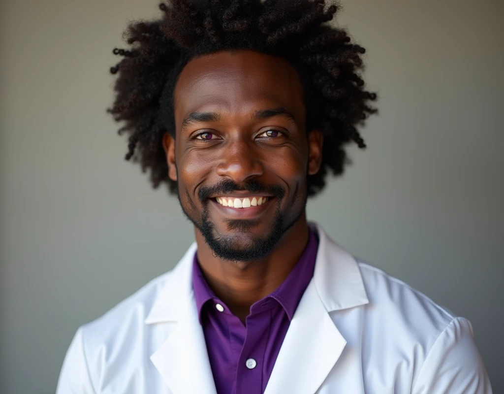 Professional work headshot of a very tall French-Nubian featured male, curled fluffy hair side part, toned body, ebony skin, vibrant purple eyes, tall thin toned body. Kind expression. Wearing purple shirt under white doctor coat.