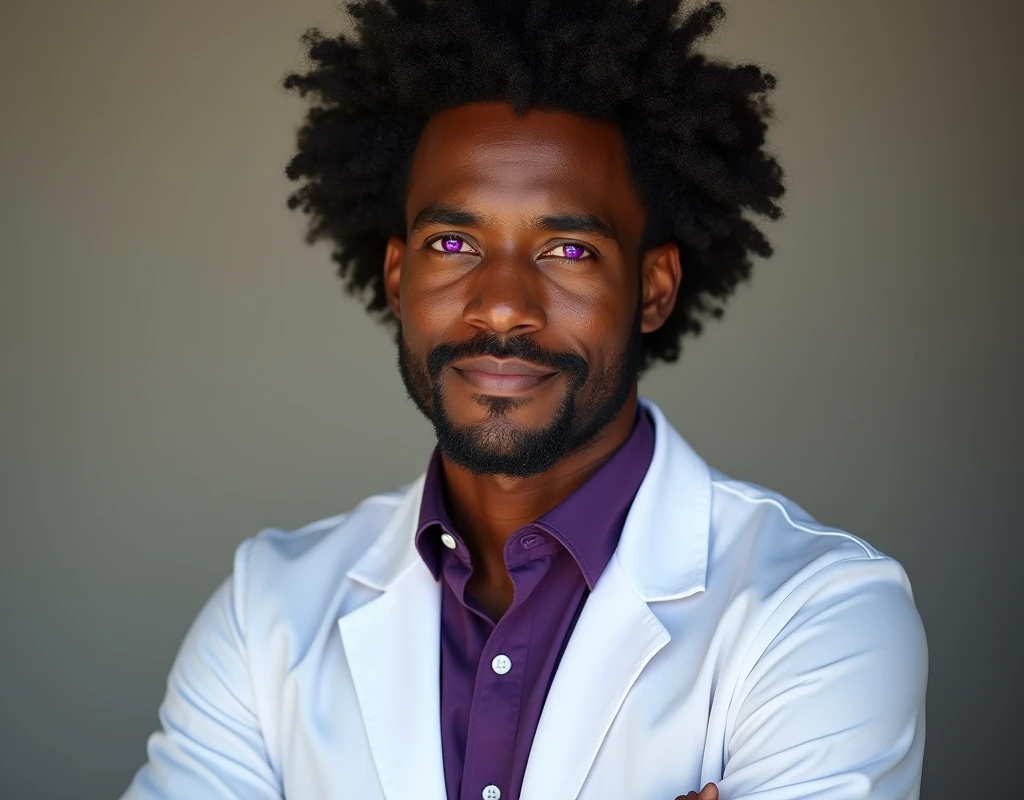 Professional work headshot of a very tall French-Nubian featured male, curled fluffy hair side part, toned body, ebony skin, vibrant purple eyes, tall thin toned body. Kind expression. Wearing purple shirt under white doctor coat.