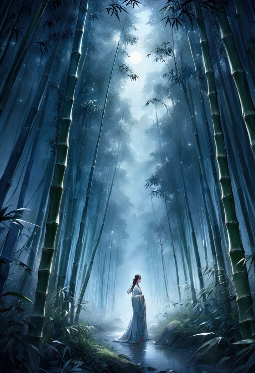 A bamboo forest shrouded in night mist, illuminated by the soft moonlight, spiritual being
