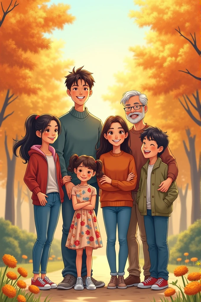 sketch of a six members of family together with two parents, two man and woman adults, one teenager girl and one young girl