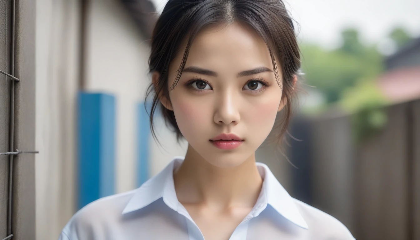 8k, Ultra-high resolution, Highest quality, masterpiece, 三分割法によるphotograph,Surreal, photograph, 1 , (:1.3), cute, cute顔, 細部までBeautiful Eyes, 細かくdetailedに,masterpiece,One Girl:1.2,Japanese women,Young Wife,cowboy shot,glaring,Black short hair,messy hair,(Dirty work clothes:1.3),Staring through the wire mesh,Blue Collar,Factory wall,heavy rain,(Beautiful attention to detail),Subtle details, detailedな顔,anger,Attractive eyes,(ポートレートphotograph:1.4),(Photorealistic images:1.4),Fantasy art,(Beautiful Face:1.4),美しくAttractive eyes、Beautiful Eyes、Grayscale 16Bits,(Tight waist:1.4)、(Beautiful with perfect body proportions:1.4),Pink Lips,Looking at the audience,(((Ideal body type))),A-cup small breasts :2,、Portraiture:2、Perfect Anatomy、鮮明なdetailed、detailed,Fashion magazine cover,Thin lips,完璧でBeautiful Face ,完璧でcute顔, Skin with attention to detail, Perfect limbs、Narrow waist,Surreal,Light and shadow,backlighting