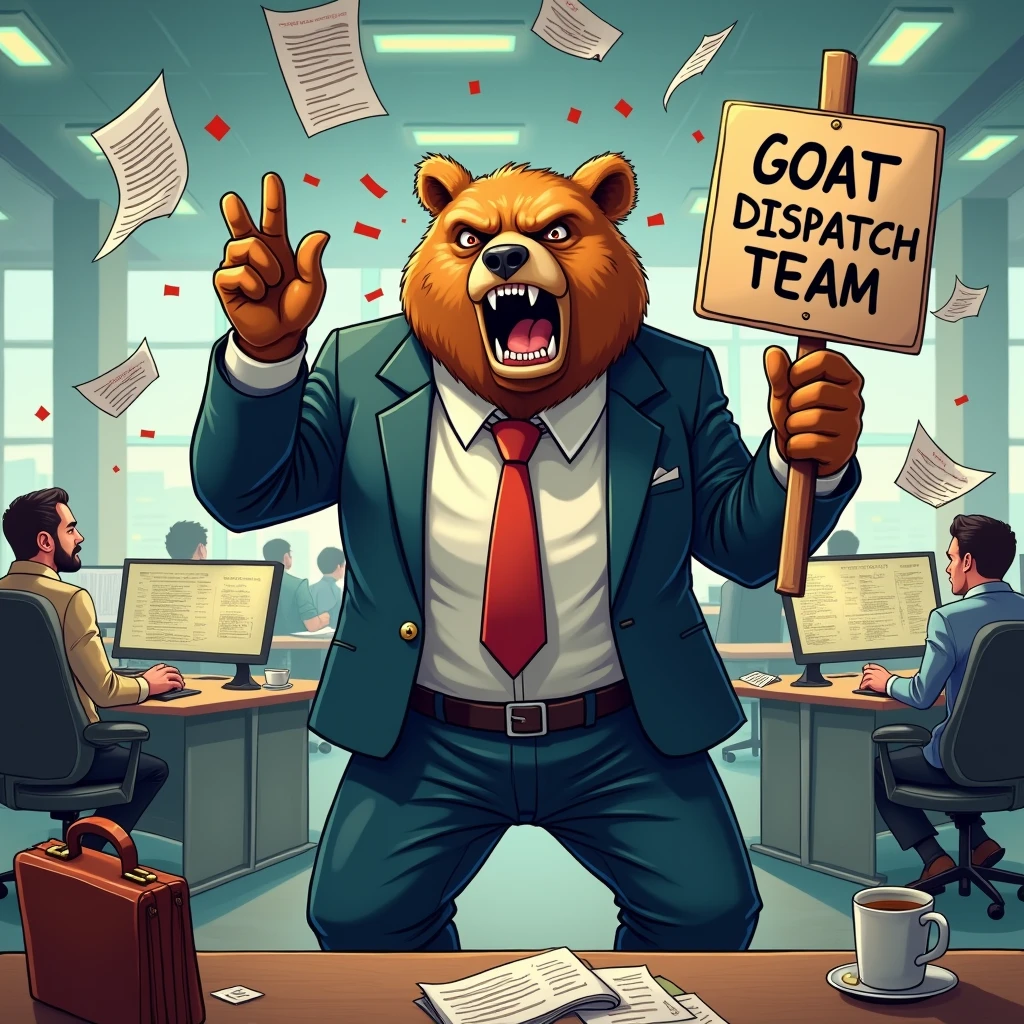Bear with suit in the office angry and behind letter “GOAT DISPATCH TEAM”