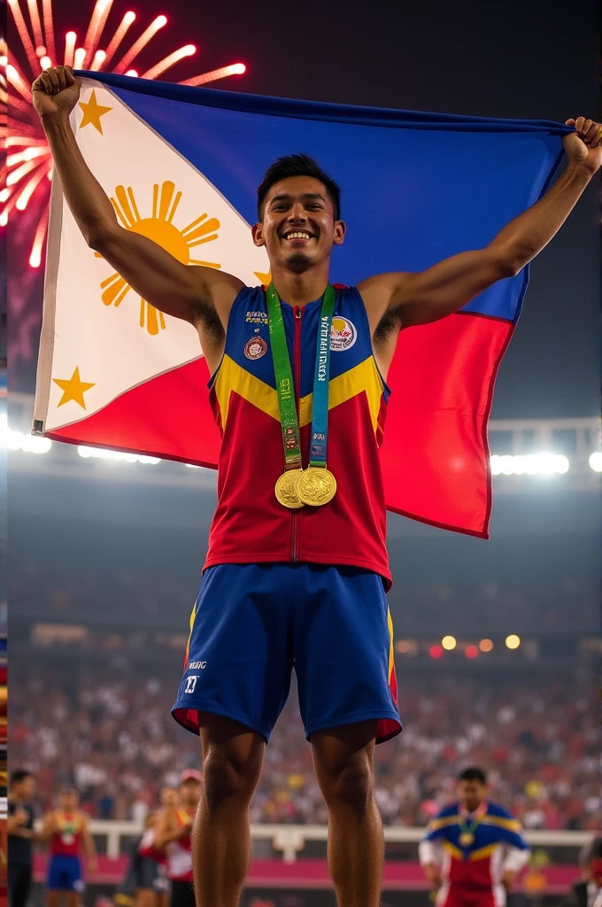 Carlos yulo winning 2 gold medal with Philippine flag poster 