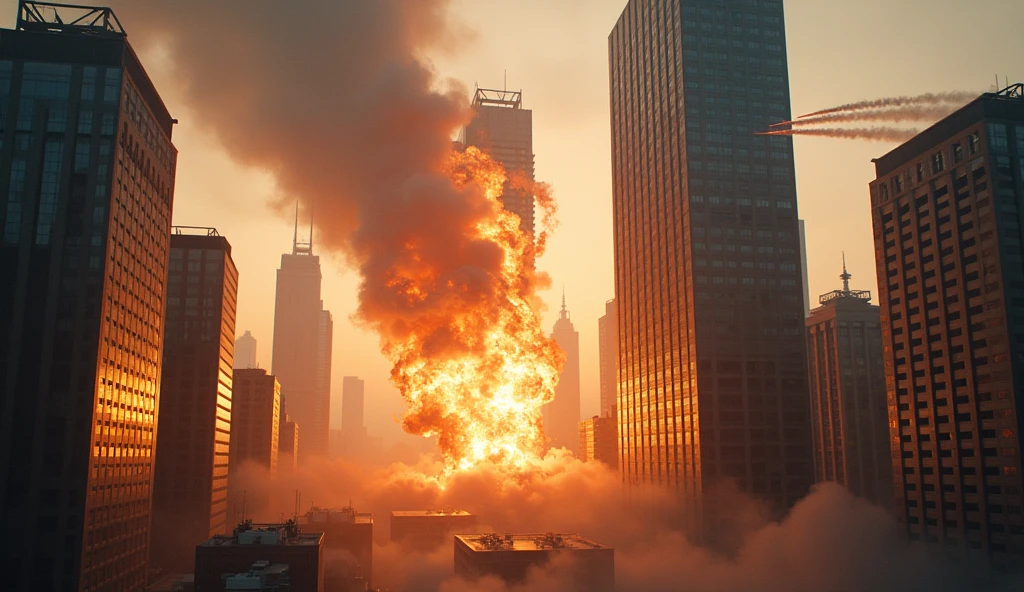 Draw a picture of many large buildings exploding with jets passing by above them. Add high heat. Describes a very powerful explosion