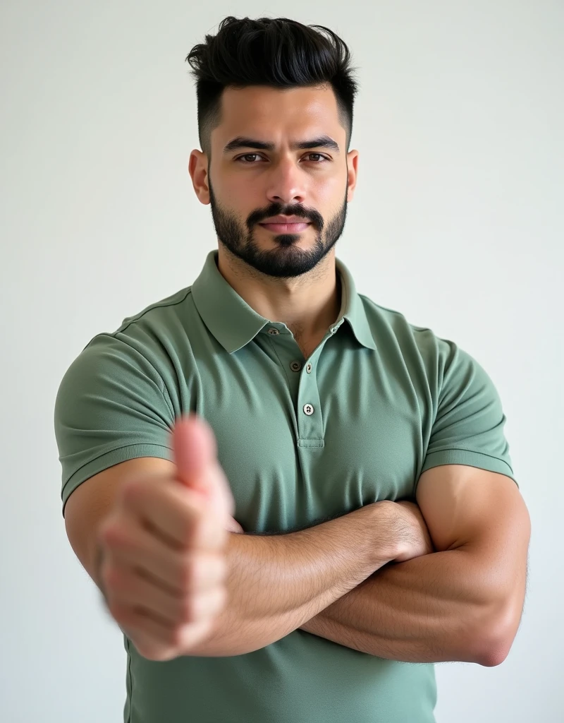 A confident man with short, black hair and a neatly trimmed, light beard faces the camera directly. He stands with a relaxed posture, his right arm extended and pointing towards the left side of the image, as if directing attention to something off-frame. His muscular, bodybuilder-like physique is highlighted by a tight-fitting light green polo shirt, with no tattoos visible on his skin. His expression is calm and serious, exuding a composed and relaxed demeanor. The background is plain, keeping the focus entirely on the subject, and the image is highly detailed and polished, portraying him as a content creator or Twitch streamer who is also dedicated to fitness.