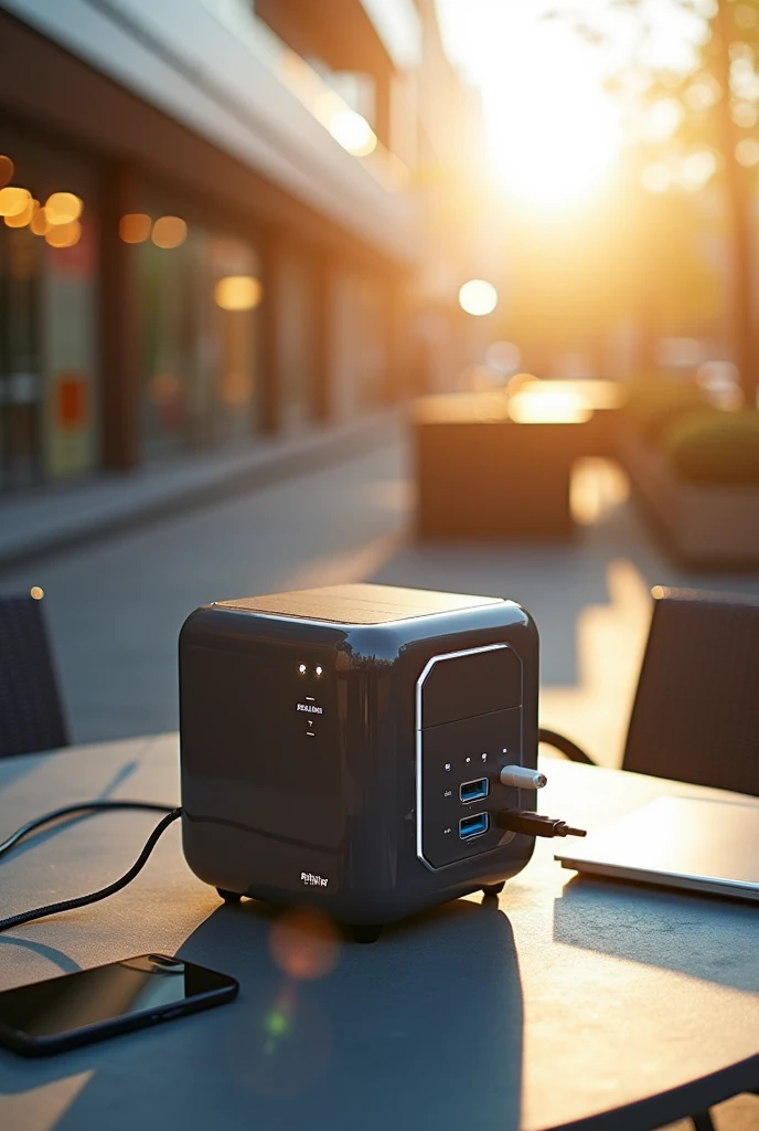 Rhiflux electro cube, has smart technology battery inside, powered by solar panels, with ac charging ports, output for AC loads