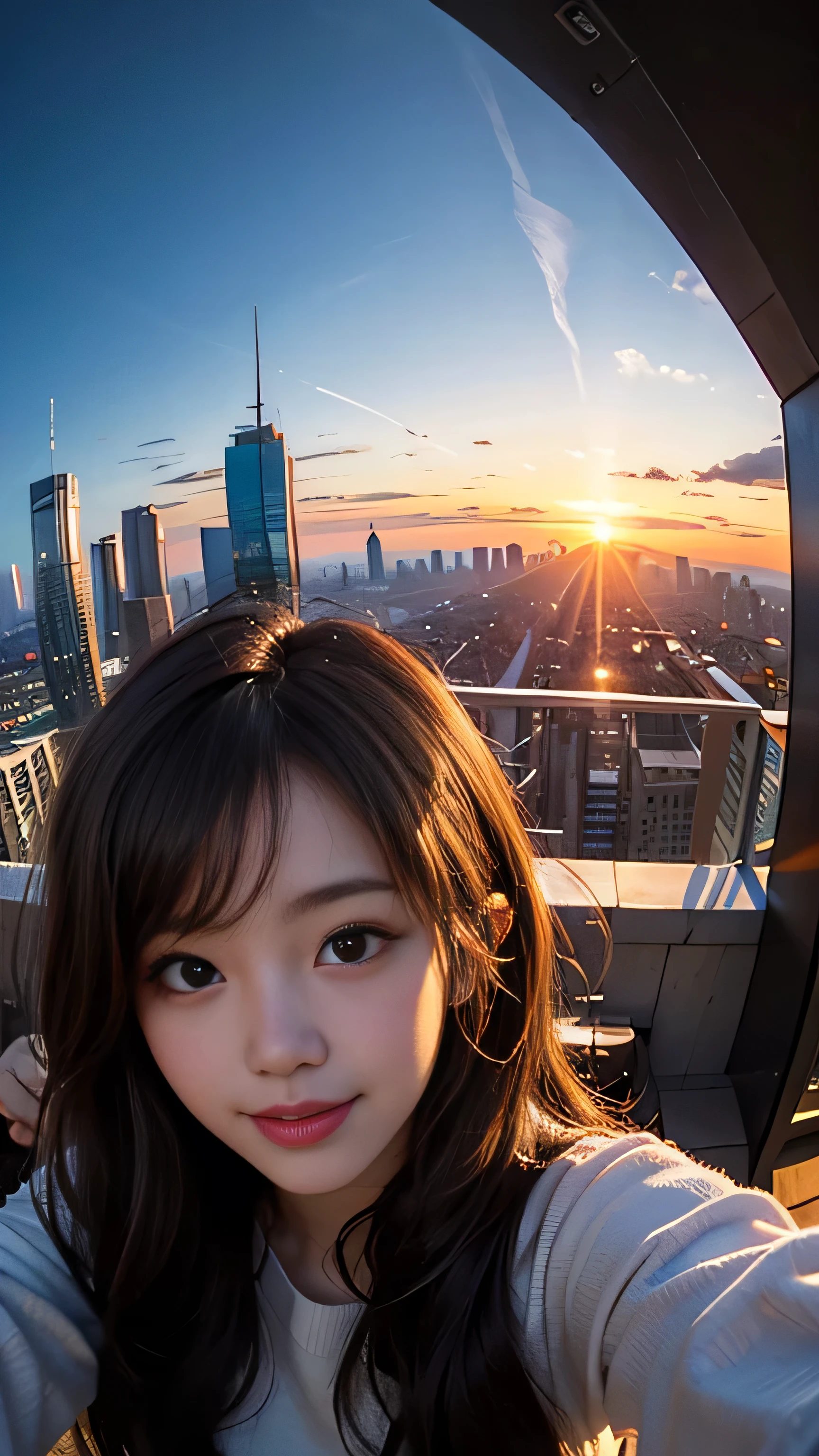 One girl, Korean, Fisheye Lens, Selfie, Wind, Messy Hair, sunset, Cityscape, (Aesthetics and atmosphere:1.2),smile