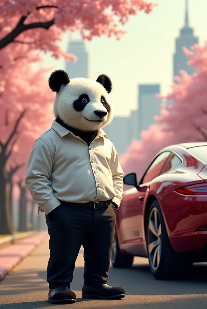 I want a picture of a panda bear wearing a classy outfit, a white elegant shirt and a long, beautiful black pants, with a car next to him.