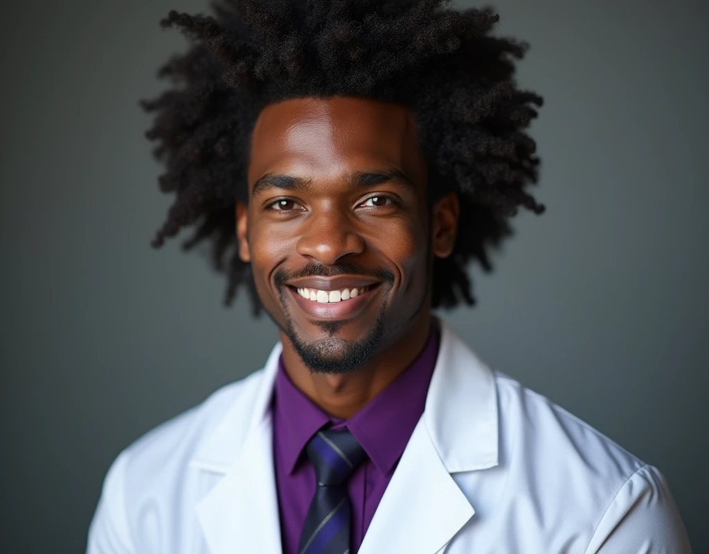 Professional work headshot of a very tall handsome French-Nubian featured male, curled fluffy hair with a side part, toned body, ebony skin, vibrant purple eyes, tall thin toned body. Kind expression. Wearing purple shirt under white doctor coat.