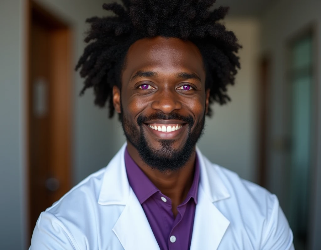 Professional work headshot of a very tall handsome French-Nubian featured male, curled fluffy hair with a side part, toned body, ebony skin, vibrant purple eyes, tall thin toned body. Kind expression. Wearing purple shirt under white doctor coat.
