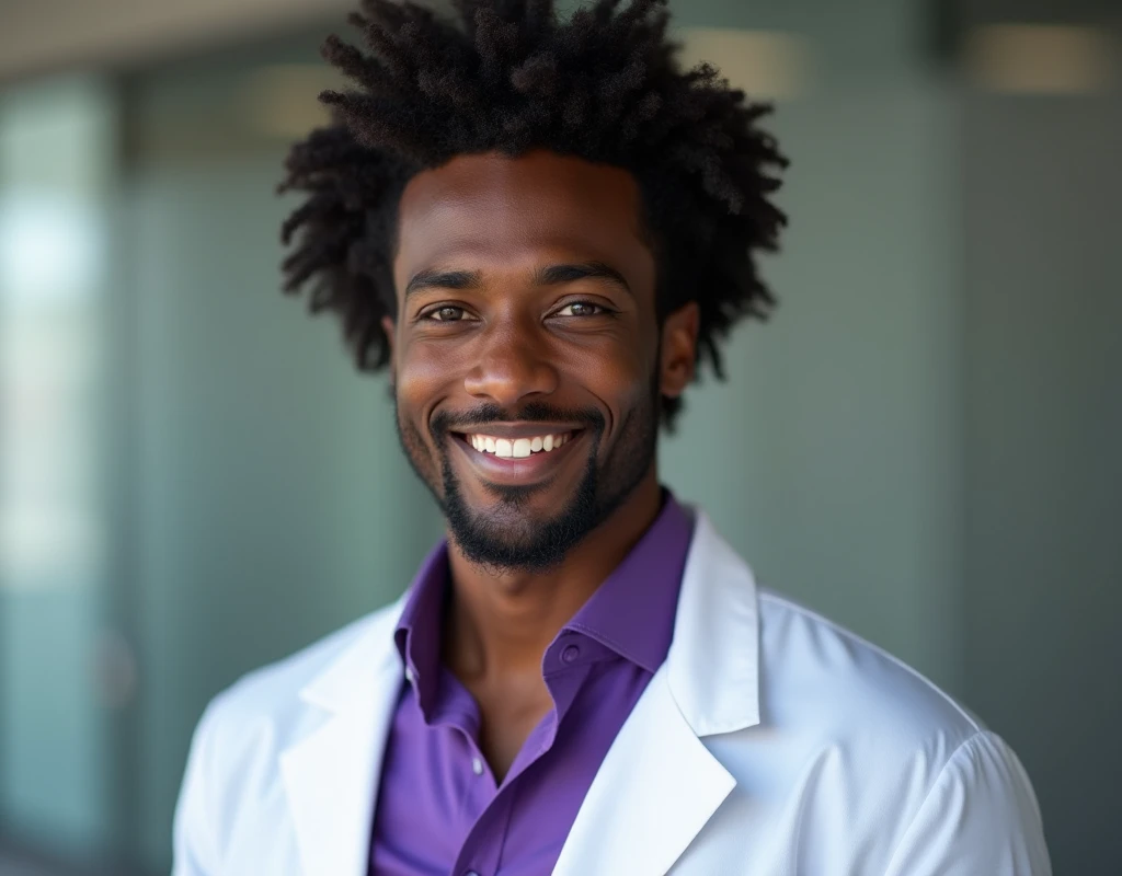 Professional work headshot of a very tall handsome French-Nubian featured male, curled fluffy hair with a side part, toned body, ebony skin, vibrant purple eyes, tall thin toned body. Kind expression. Wearing purple shirt under white doctor coat.