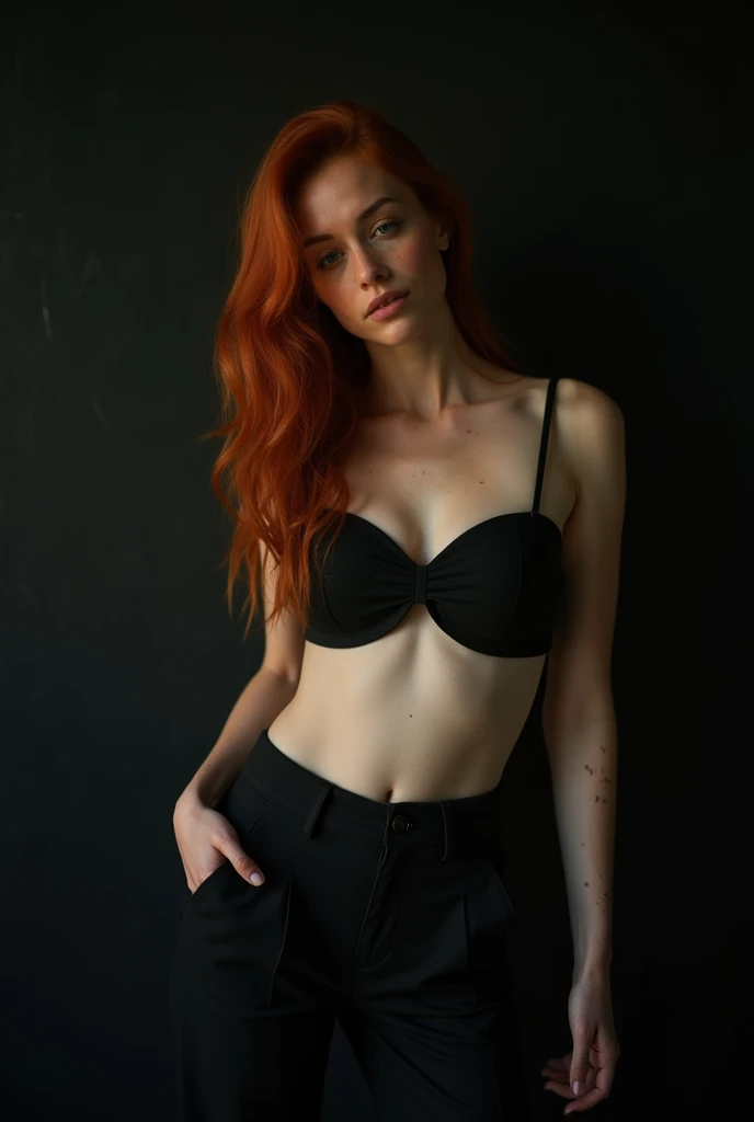 ((full body shot)),A photo of a seductive woman with loose red hair., bored, She's wearing a bandeau top and dress pants.., , mask, (textured skin, skin pores:1.2), (moles:0.8), (imperfect skin:1.1), intricate details, Goosebumps, perfect face, (light freckles:0.9), ((photorealistic):1.1), (raw, 8k:1.2), Dark, Muted colors, blackboard atmosphere, RAW candid cinema, 16mm, Portra 400 color graded film, color notable, ultra realistic, textured skin, notable detailed students, realistic and dull skin noise, visible skin detail, skin fluff, Dry Skin, filmed with cinema camera, detailed skin texture, (blush:0.5), (Goosebumps:0.5), subsurface dispersion