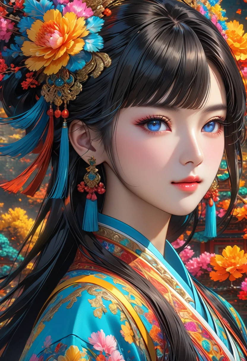 A close-up of the face of a Chinese goddess, adorned in beautiful clothing.,(masterpiece, Highest quality, Highest quality, Official Art, beautifully、beautiful:1.2), (One person), Very detailed, (Fractal Art:1.3), colorful, Most detailed, Perfect Face, Upper Body, High resolution, Impressive visuals, Vibrant colors, Black Hair,Long Hair,Swept-apart bangs,Bust Shot