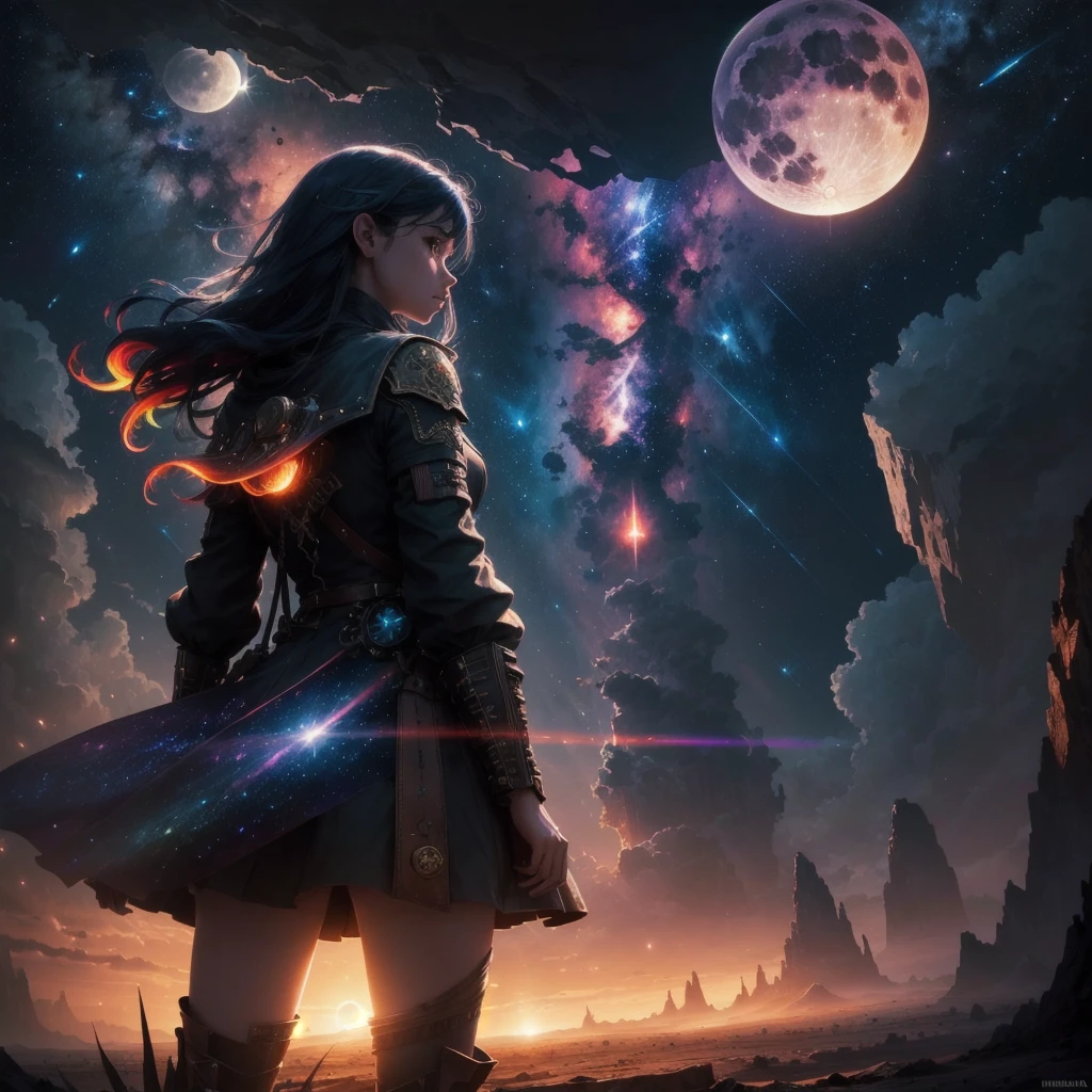 High resolution, vast landscape photography, (view from below with sky above and wide fields below), girl standing in desert looking up, (full moon:1.2), ( shooting star:0.9), ( nebula:1.3), distant mountain, tree break production art, (warm light source:1.2), (firefly:1.2), lamp, lots of red and blue, intricate details, volumetric lighting break (masterpiece:1.2), (best quality), 4k, highly detailed, (dynamic composition:1.4), highly detailed, colorful details,( rainbow:1.2), (glowing lighting, atmospheric lighting), dreamy, steampunk, (alone:1.2)