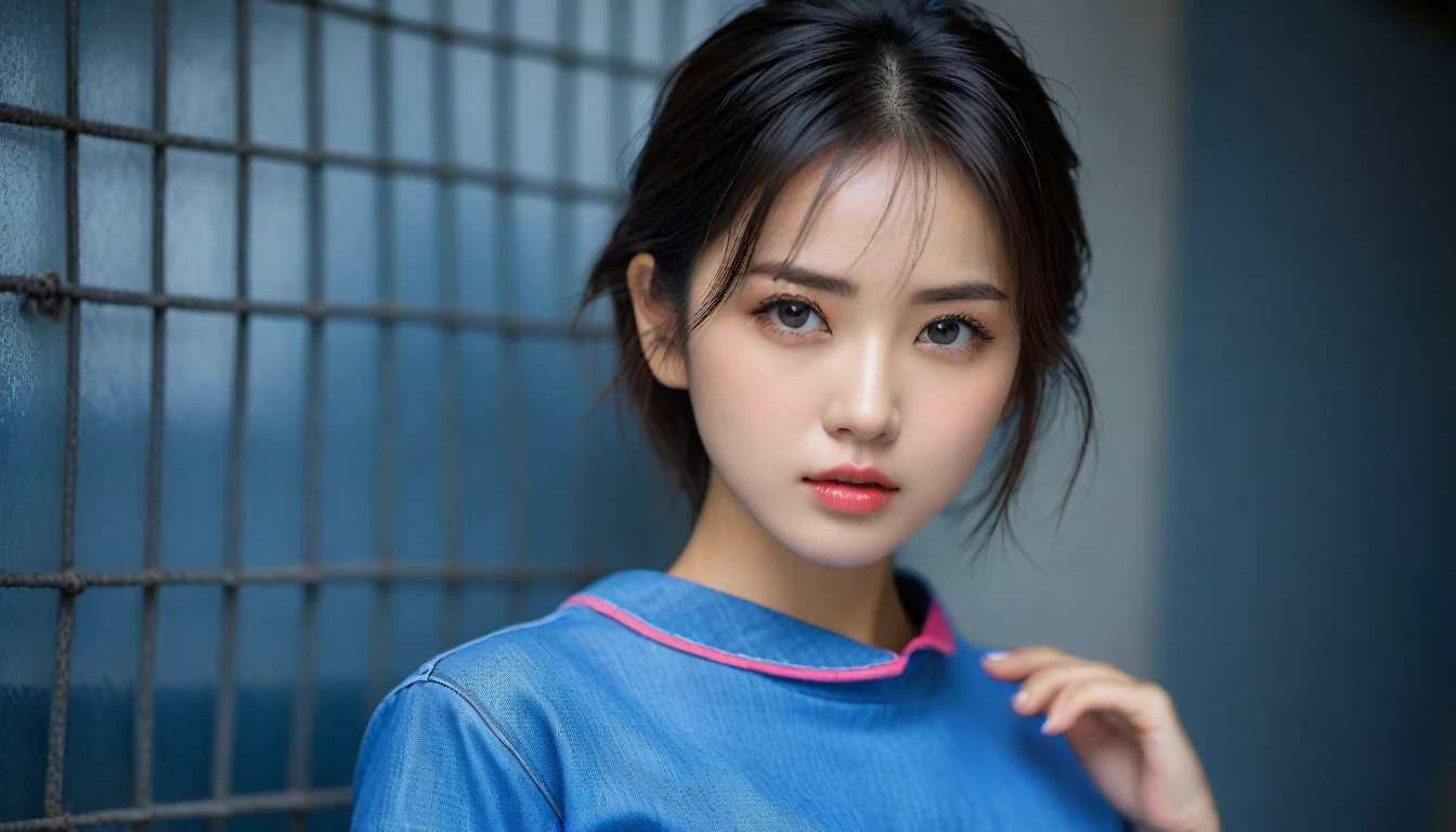8k, Ultra-high resolution, Highest quality, masterpiece, 三分割法によるphotograph,Surreal, photograph, 1 , (:1.3), cute, cute顔, 細部までBeautiful Eyes, 細かくdetailedに,masterpiece,One Girl:1.2,Japanese women,Young Wife,cowboy shot,glaring,Black short hair,messy hair,(Dirty work clothes:1.3),Staring through the wire mesh,Blue Collar,Factory wall,heavy rain,(Beautiful attention to detail),Subtle details, detailedな顔,anger,Attractive eyes,(ポートレートphotograph:1.4),(Photorealistic images:1.4),Fantasy art,(Beautiful Face:1.4),美しくAttractive eyes、Beautiful Eyes、Grayscale 16Bits,(Tight waist:1.4)、(Beautiful with perfect body proportions:1.4),Pink Lips,Looking at the audience,(((Ideal body type))),A-cup small breasts :2,、Portraiture:2、Perfect Anatomy、鮮明なdetailed、detailed,Fashion magazine cover,Thin lips,完璧でBeautiful Face ,完璧でcute顔, Skin with attention to detail, Perfect limbs、Narrow waist,Surreal,Light and shadow,backlighting