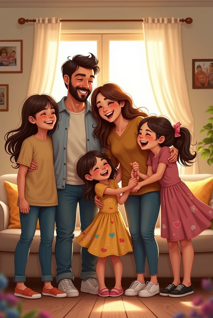 sketch of a six members of family together with two parents, two man and woman adults, one ager girl and one young girl