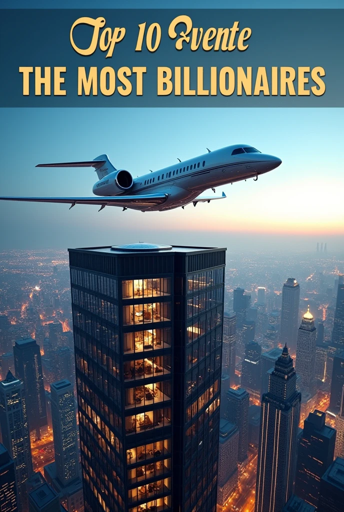 A photorealistic thumbnail of a luxurious private jet taking off from a helipad on top of a skyscraper, with the title "Top 10 Cities with the Most Billionaires" in a sophisticated font.