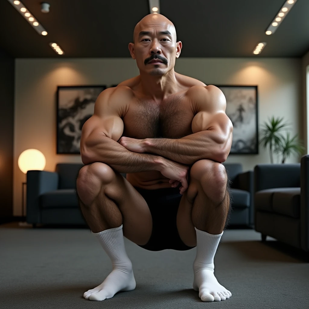 40 years old，Hidetoshi Nakata，（Kogoro Mori 1.3），whole body，Lean，muscle，office，Kneeling，black，foot，White socks，Baldhead ，transparent，Thick body hair，underwear，Topless，Densely hairy，Fortitude，HD，With a mustache