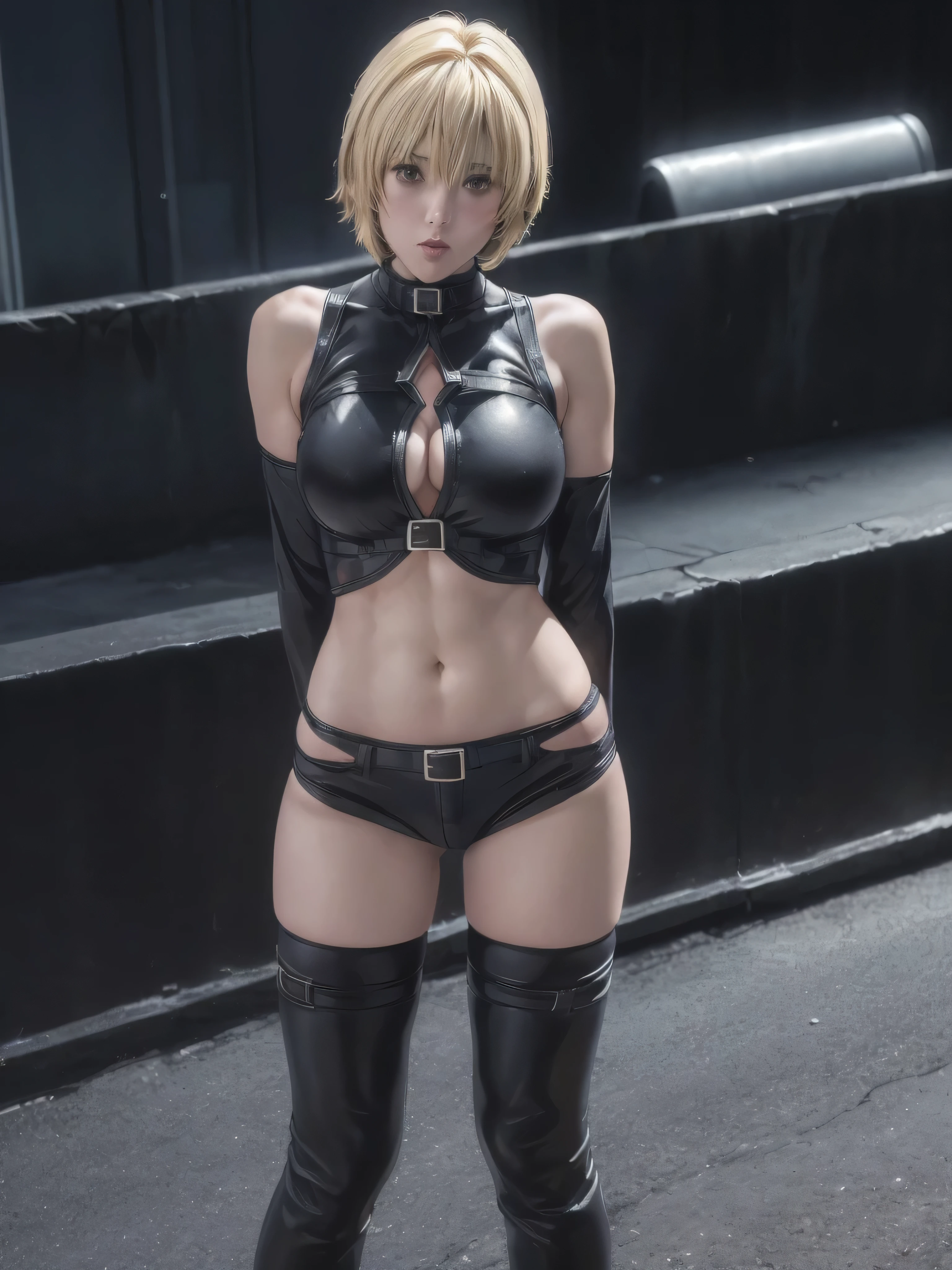 kurosaki mea、最high quality、high quality,, ((Masseter muscle area)), ((High resolution)), ((最high quality)), detailed, ((Glowing Skin)), (High leg bodysuit:1.2)、and, ((huge 、Blonde、Short Bob))、(Black Bondage, Black hot pants), Voluptuous bust, exposed navel, Bowl-shaped big breasts, (View from the front、Looking at the audience:1.5)、(Pause:Standing with your legs apart:1.4, Standing still:1.4), ((background:On the streets of the city:1.4))