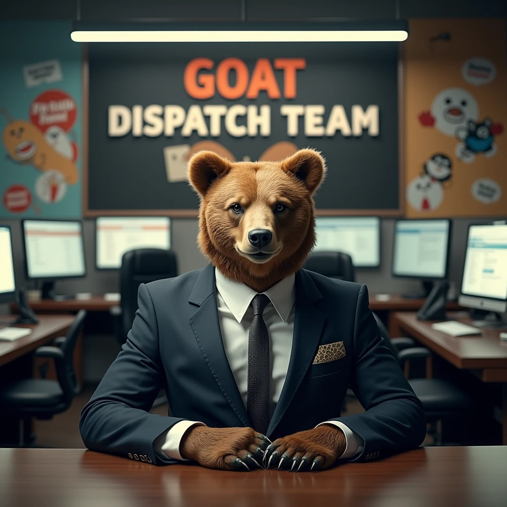 Bear with suit in the office and behind letter “GOAT DISPATCH TEAM”
