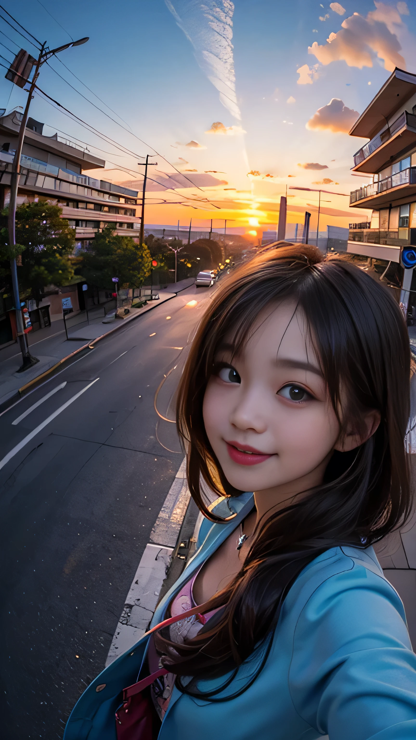 One girl, Korean, Fisheye Lens, Selfie, Wind, Messy Hair, sunset, Cityscape, (Aesthetics and atmosphere:1.2),smile