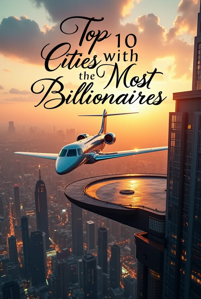 A photorealistic thumbnail of a luxurious private jet taking off from a helipad on top of a skyscraper, with the title "Top 10 Cities with the Most Billionaires" in a sophisticated font.