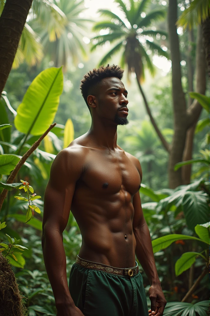 Shirtless young mulatto from Madureira in a tropical forest 