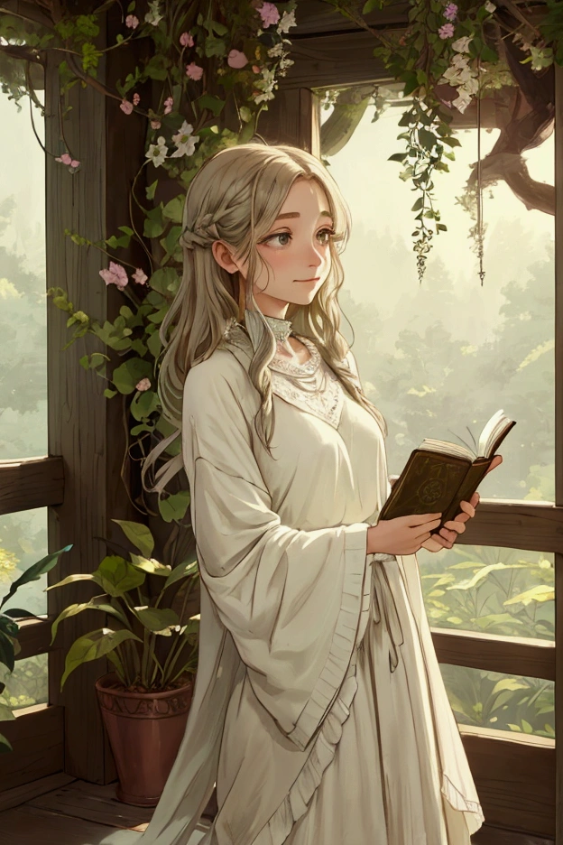 "A dreamy, introspective individual with a gentle and whimsical aura. Soft, expressive eyes that reflect deep emotion and creativity. Slightly tousled hair, giving an artistic and carefree appearance. Dressed in comfortable, bohemian-style clothing with earthy or pastel tones. Surrounded by nature elements like plants, flowers, or a forest backdrop. Holding a book, journal, or art supplies. A serene, slightly melancholic smile. Body language suggests openness and vulnerability. Warm, soft lighting creating a cozy atmosphere. Background hints at artistic pursuits, poetry, or fantasy elements. An overall ethereal and romantic aesthetic."